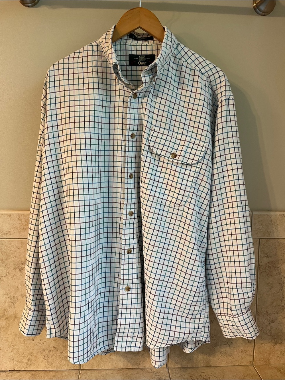 Orvis Mens Cotton Wool Blend Tattersall Plaid Button Down Shirt Size Large